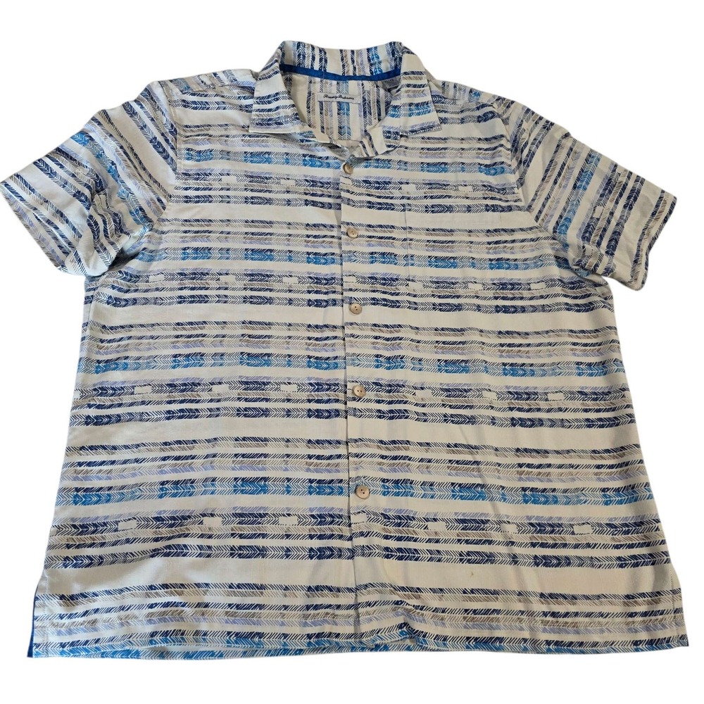 Tommy Bahama Mens Short Sleeve Shirt Hawaiian Geometric Print Button Up XL Blue